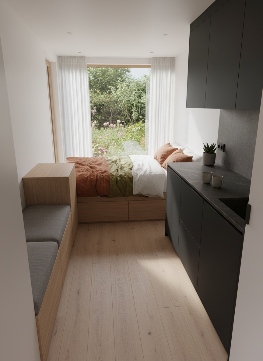 The interior of a refined tiny house vacation rental, with a compact open-plan living area featuring pale oak floors, smooth white walls, and custom-built minimalist furniture. A neatly made bed with linen bedding in muted earth tones sits beside a large panoramic window overlooking a lush garden. On the opposite wall, a small but stylish kitchenette with matte cabinetry and a dark stone countertop adds contrast. Soft morning light filters through sheer curtains, casting subtle patterns on the floor. The mood is serene and sophisticated, with a photographic realism style, shot from a slightly elevated corner angle to showcase the smart use of space and cozy ambiance, emphasizing comfort and contemporary design without any clutter.