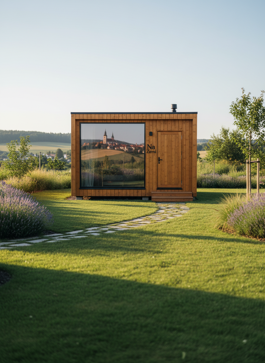 A compact yet elegant wooden tiny house named “Na Zemi” stands in the center of a generous green garden in a quiet cottage area near a small city. The façade is clad in warm-toned natural wood with large floor-to-ceiling windows reflecting distant hills and a hint of a UNESCO-listed historic town silhouette on the horizon. Soft late-afternoon natural light bathes the scene, creating long, gentle shadows across the manicured lawn and stone path. Photographed at eye level in photographic realism, the composition follows the rule of thirds, with sharp focus on the house and a gently blurred background, evoking a sophisticated, calm, and welcoming atmosphere perfect for a refined countryside escape.