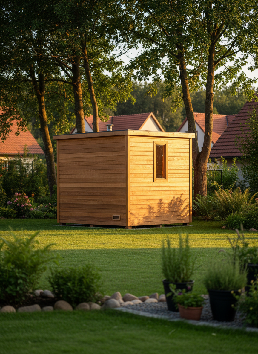 A sleek, modern wooden sauna cabin belonging to the tiny house Na Zemi sits at the edge of a spacious garden, partially sheltered by tall trees. The exterior is clad in horizontal cedar boards with a smooth, oiled finish, and a small rectangular window glows softly from within. Warm golden hour light grazes the wood, enhancing its natural grain and creating a contrast with the cool green of the surrounding lawn and shrubs. The camera captures the scene at a three-quarter angle, in photographic realism, with crisp detail in the foreground and gentle bokeh on the distant cottage roofs, evoking a tranquil, indulgent, and sophisticated wellness retreat atmosphere.