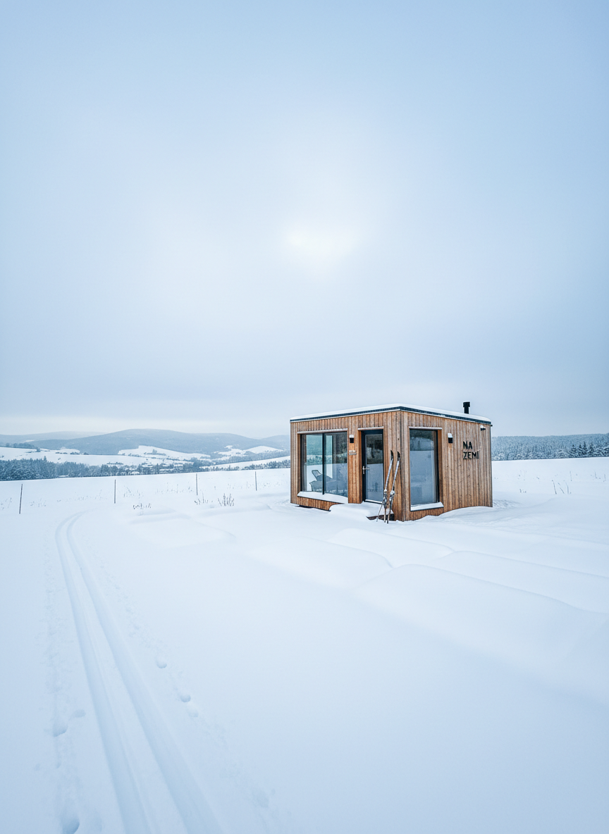 A winter scene around the Na Zemi tiny house, the structure surrounded by a smooth blanket of untouched snow that gently contours the garden. Cross-country ski tracks run in a clean diagonal line from the foreground past the house toward distant rolling hills, while a pair of leaning skis rests against the wooden façade. The sky is pale blue with a soft overcast glow, providing diffused, even lighting that enhances subtle textures in the snow and wood grain. Shot at eye level in photographic realism, with sharp focus throughout, the mood is peaceful, crisp, and refined, hinting at nearby downhill slopes and winter sports without showing any people.