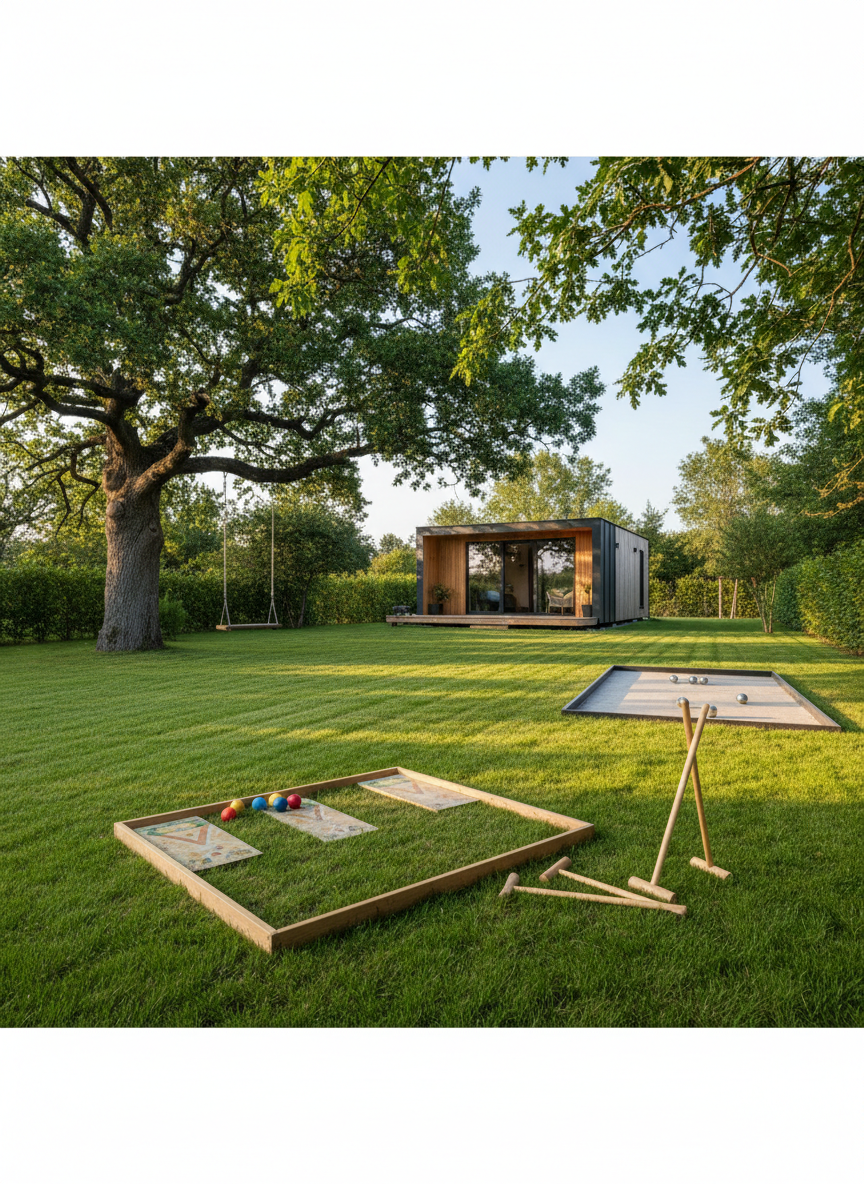 A wide garden view of the Na Zemi property in summer, showcasing a large, freshly mown lawn dotted with tasteful outdoor games: a wooden croquet set, a minimalist metal pétanque court edge, and a simple wooden swing hanging from a mature tree branch. The tiny house is visible in the background, partially framed by leafy branches, its large windows reflecting the clear sky. Soft, warm late-afternoon sunlight illuminates the vibrant greens and rich woods, creating long, relaxed shadows. Photographed from a slightly elevated angle with photographic realism, the composition balances playful details in the foreground with the elegant house beyond, conveying a sophisticated yet family-friendly atmosphere ideal for relaxed outdoor living.
